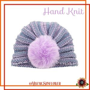 NEW Hand Knit Infant Turban Lavender & Pink Faux Fur Lavender Pompom + FREE GIFT